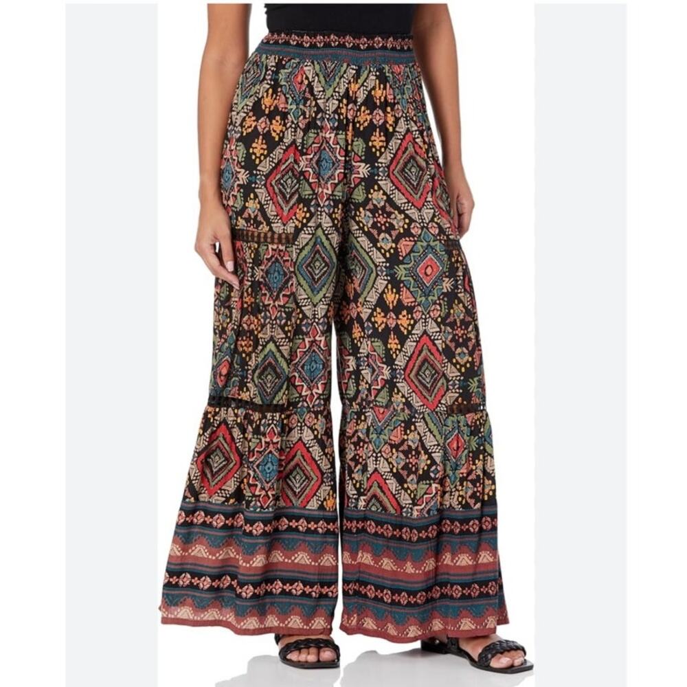 Angie Wide Leg Tiered Pants Women's Small Multicolor Geometric Print Boho